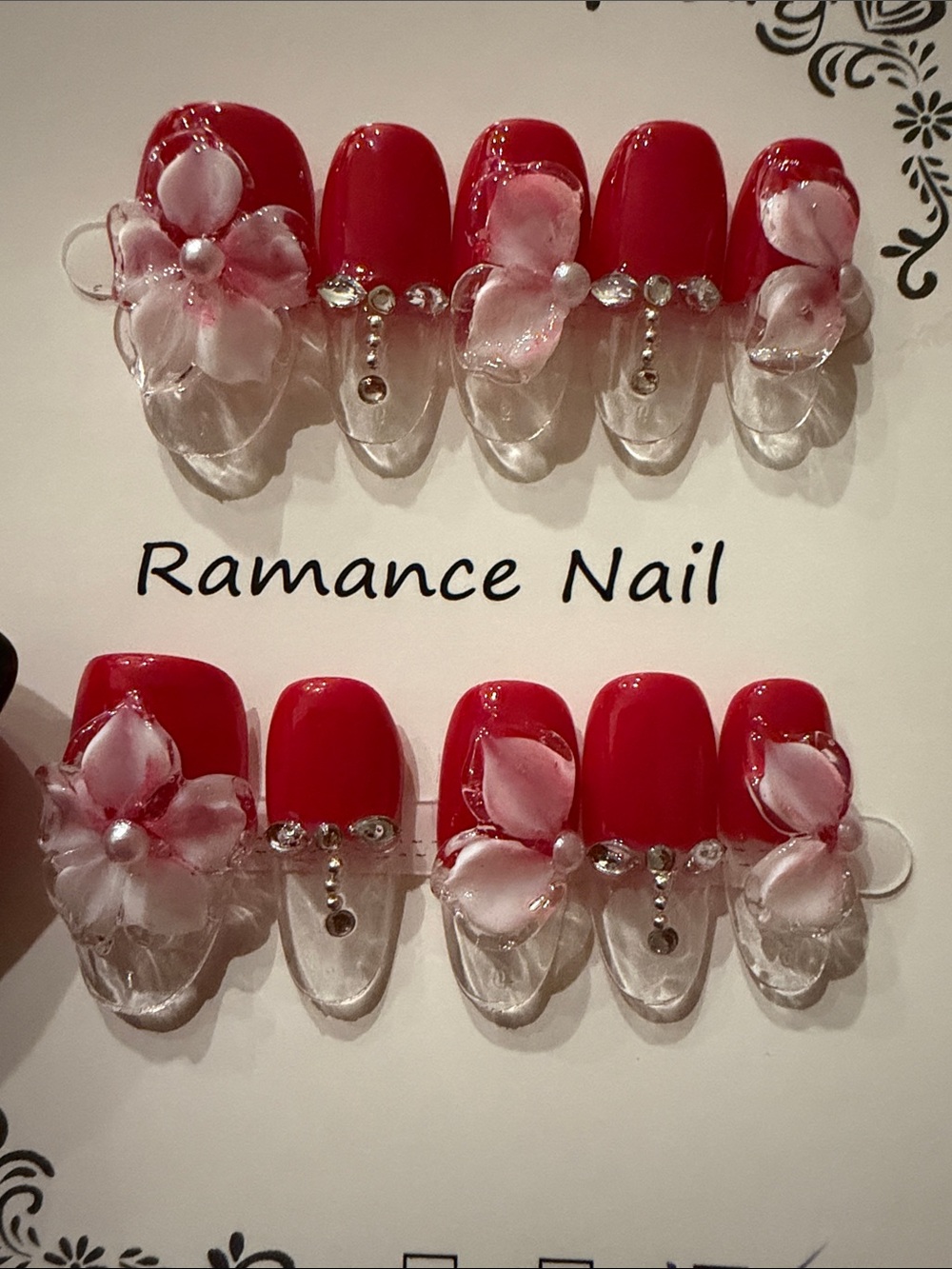 Red 3D Flower handmade acrylic Press-On Nails by